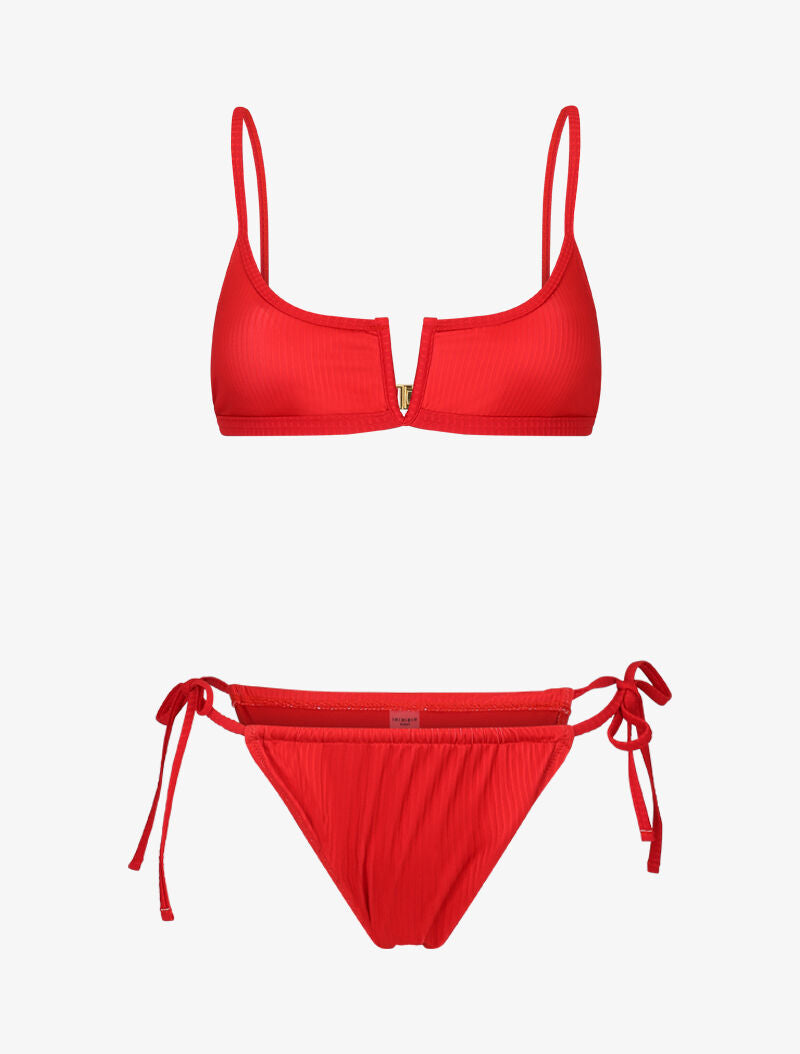 Bikini brassière côtelé à échancrure en V - rouge - 3