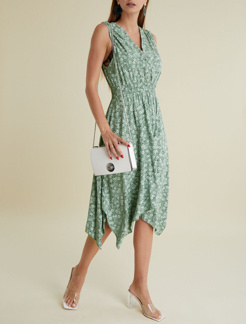 Robe fleurie à bas asymétrique - kaki - 4