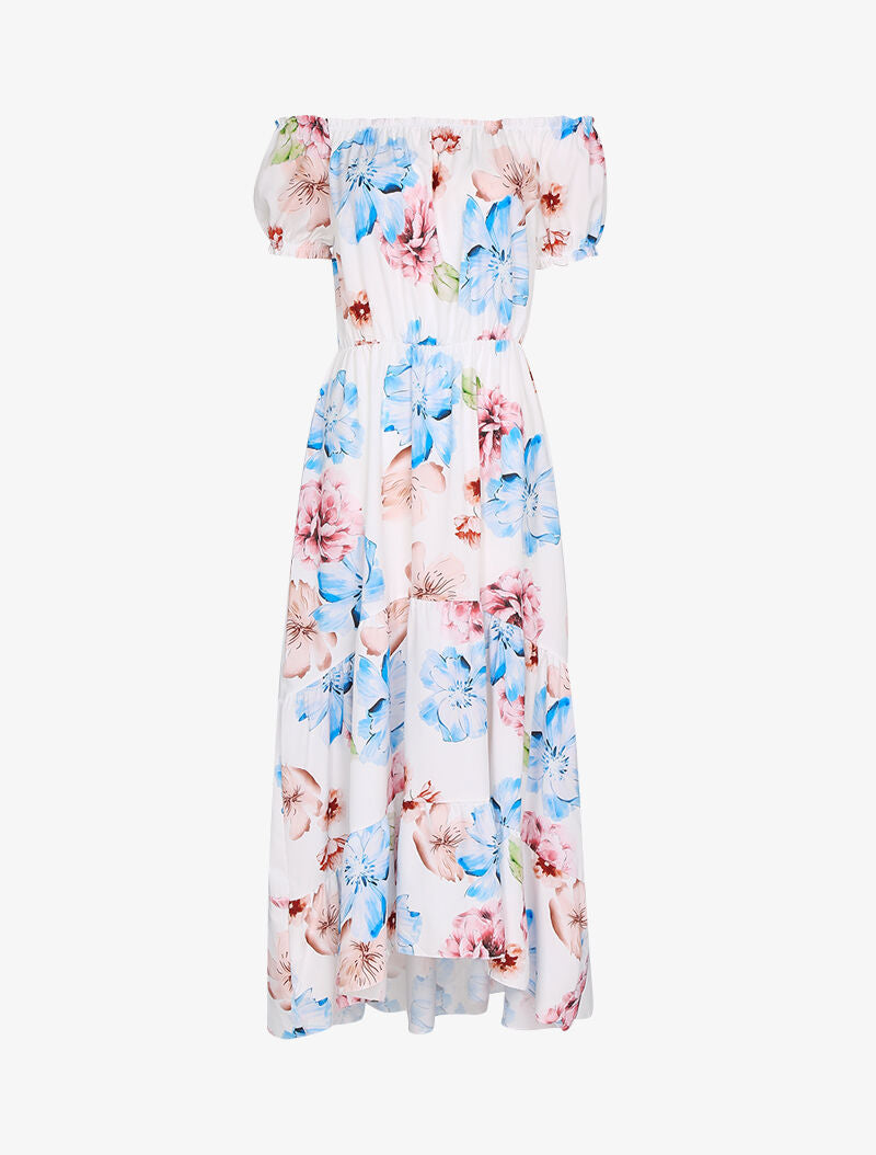 Robe longue volantée à imprimés - blanc - 1