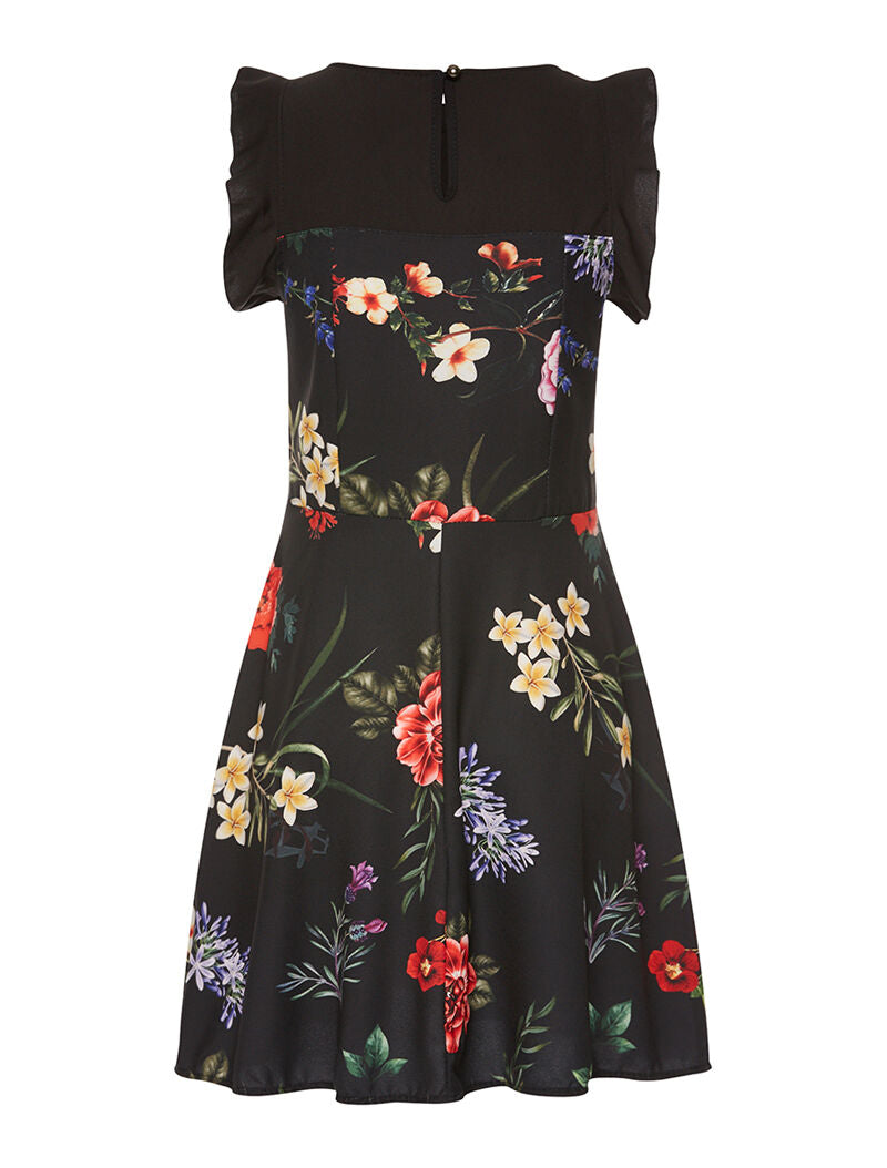 Robe fleurie épaules volantées - noir - 2