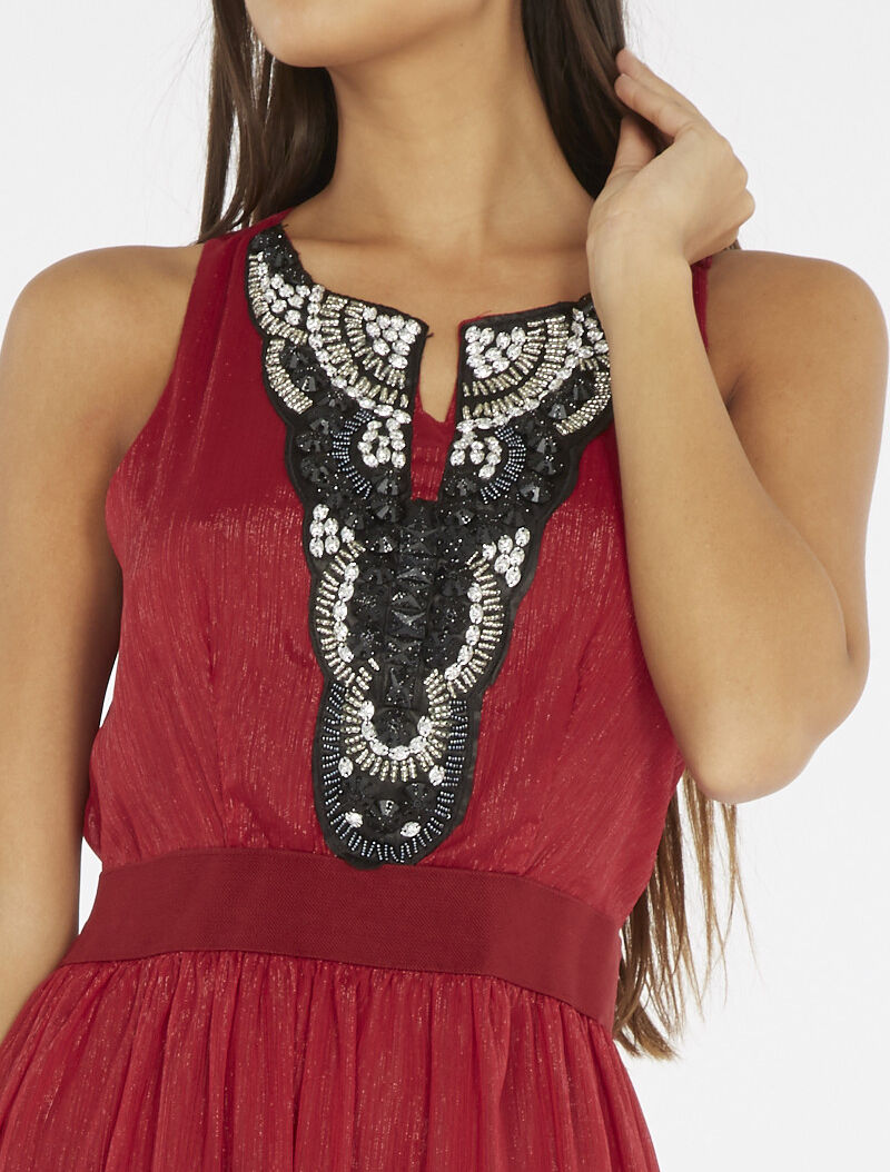Robe longue plastron bijoux - bordeaux - 6