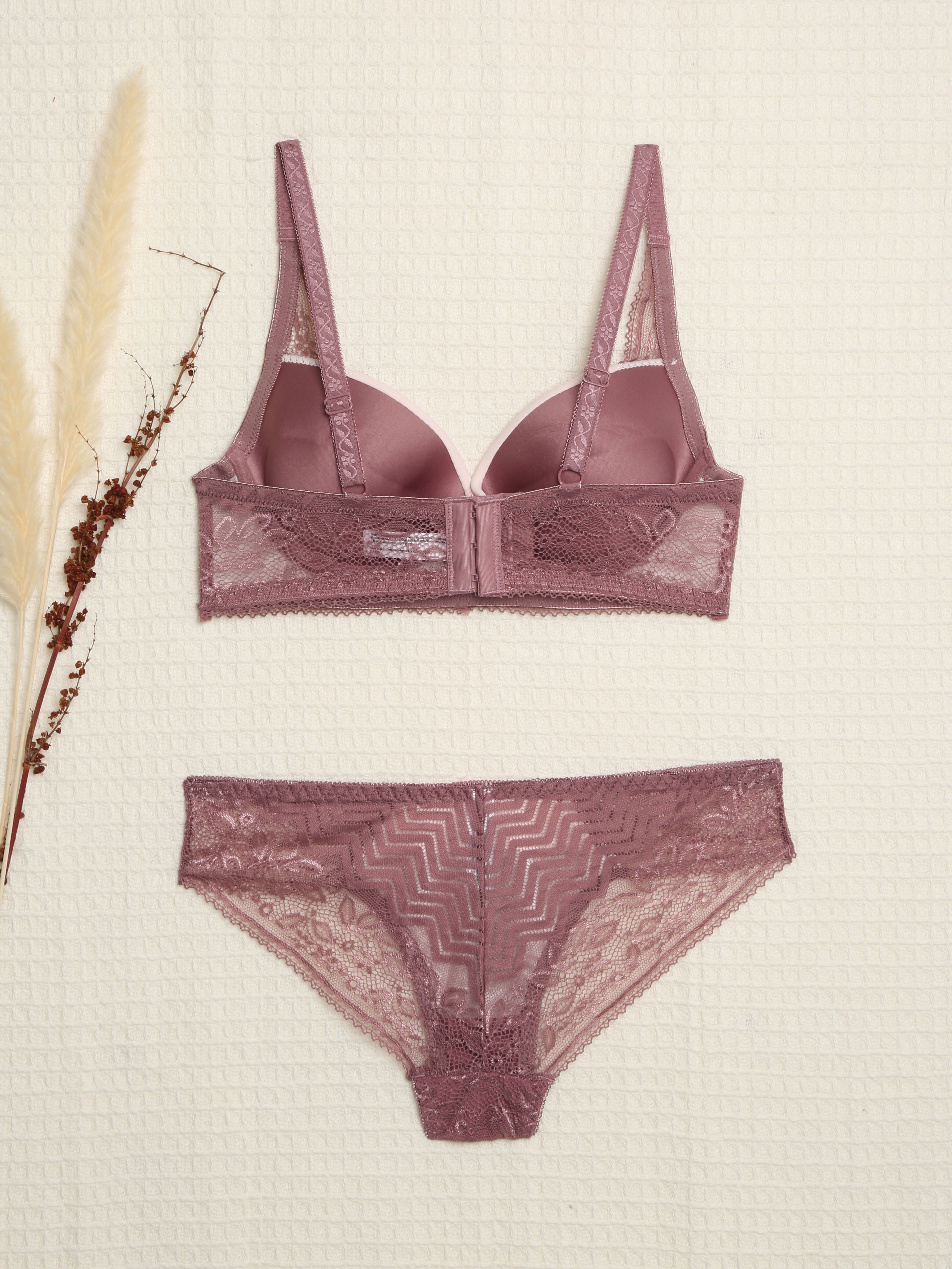 Ensemble en dentelle et zig-zag - Rose parme - 2