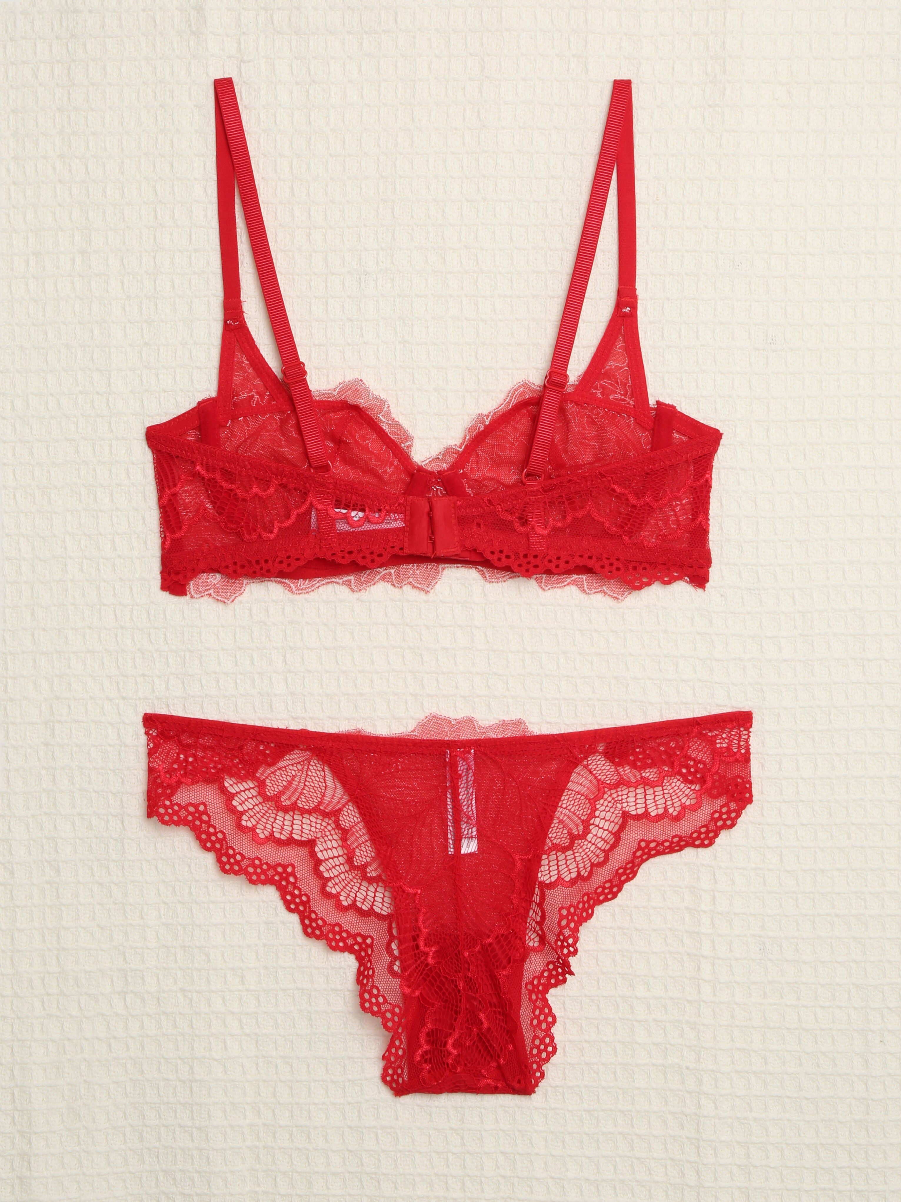 Ensemble en dentelle contrastant - Rouge - 2