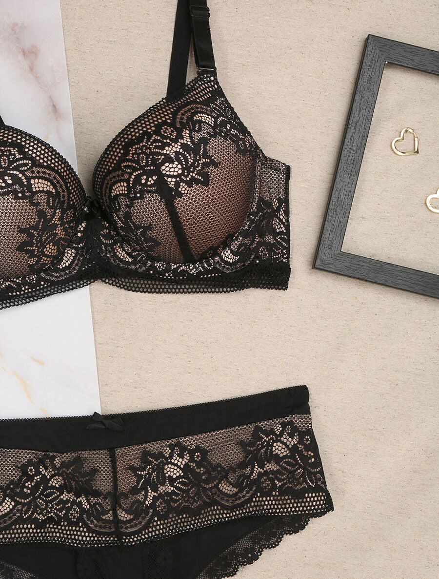 Ensemble grande taille en dentelle fleurie - Noir/nude - 3