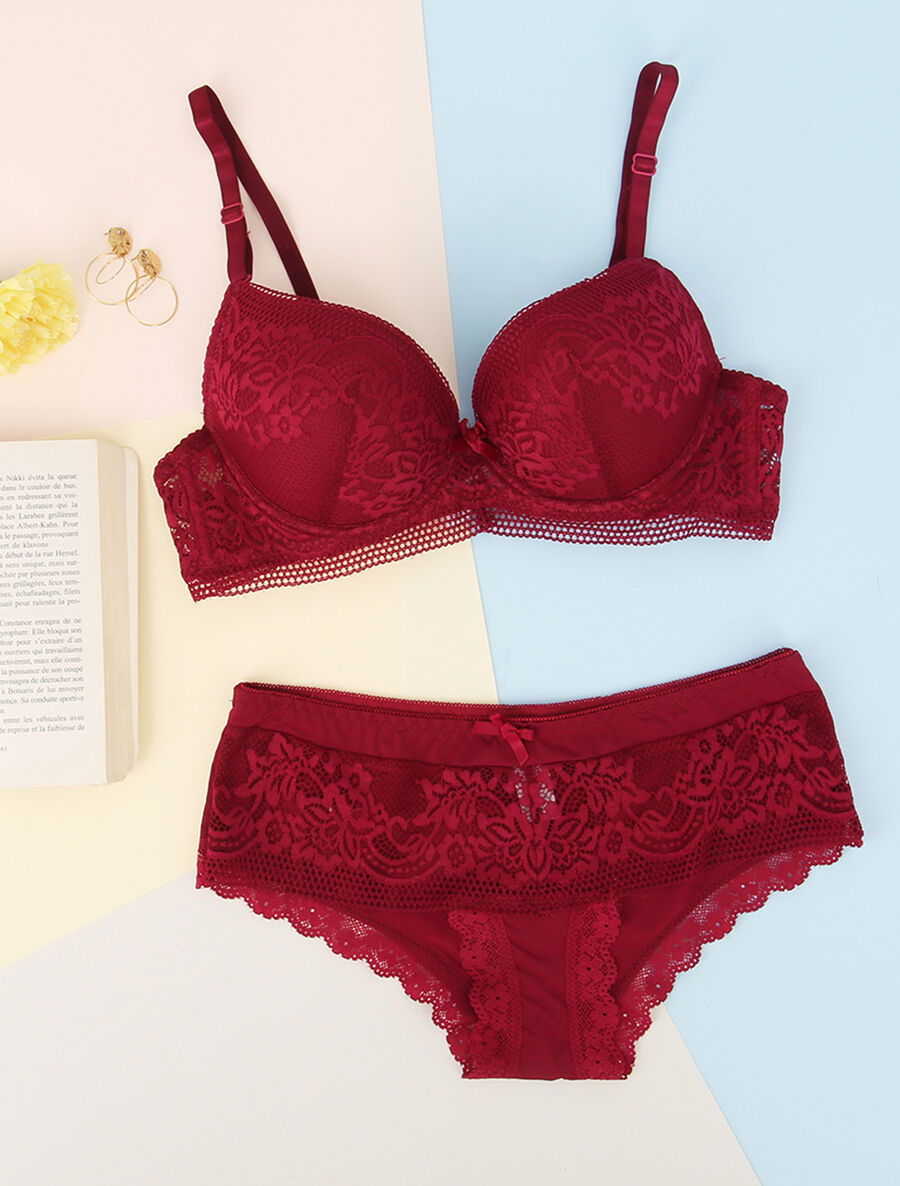Ensemble en dentelle fleurie - Bordeaux - 1