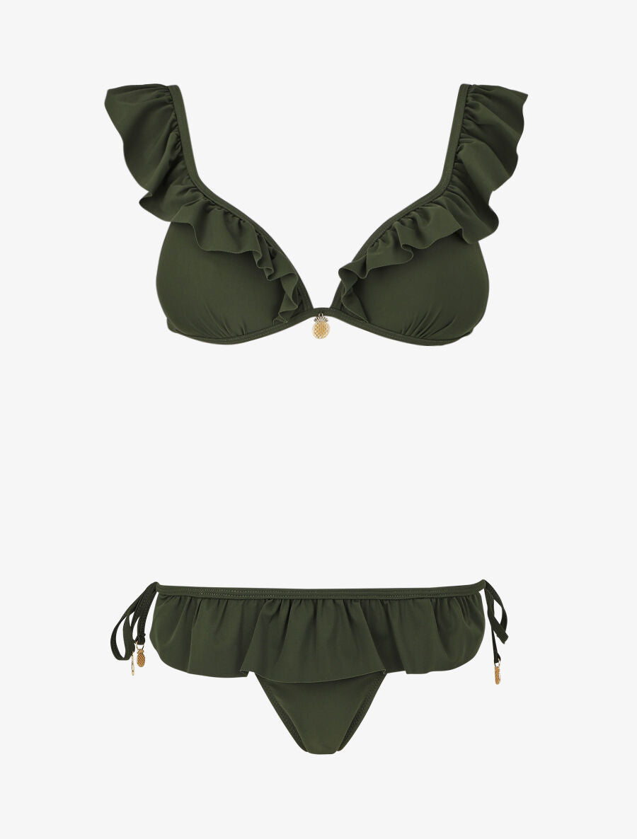 Bikini volanté à détail bijoux ananas - Kaki - 1