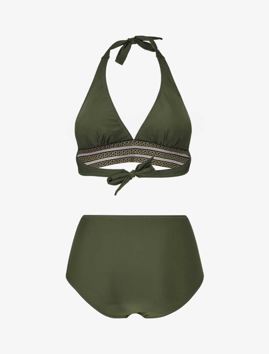 Bikini taille haute à motifs grecque - Kaki - 2
