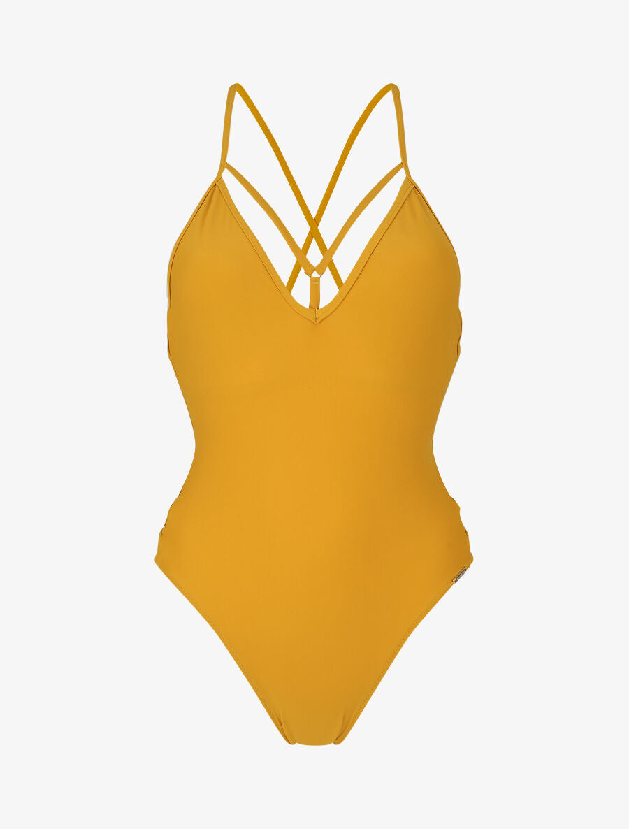 Maillot de bain ajouré à liens à nouer - Jaune moutarde - 1