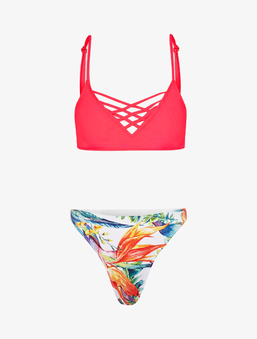 Bikini dépareillé à imprimé floral - Rose fluo - 1