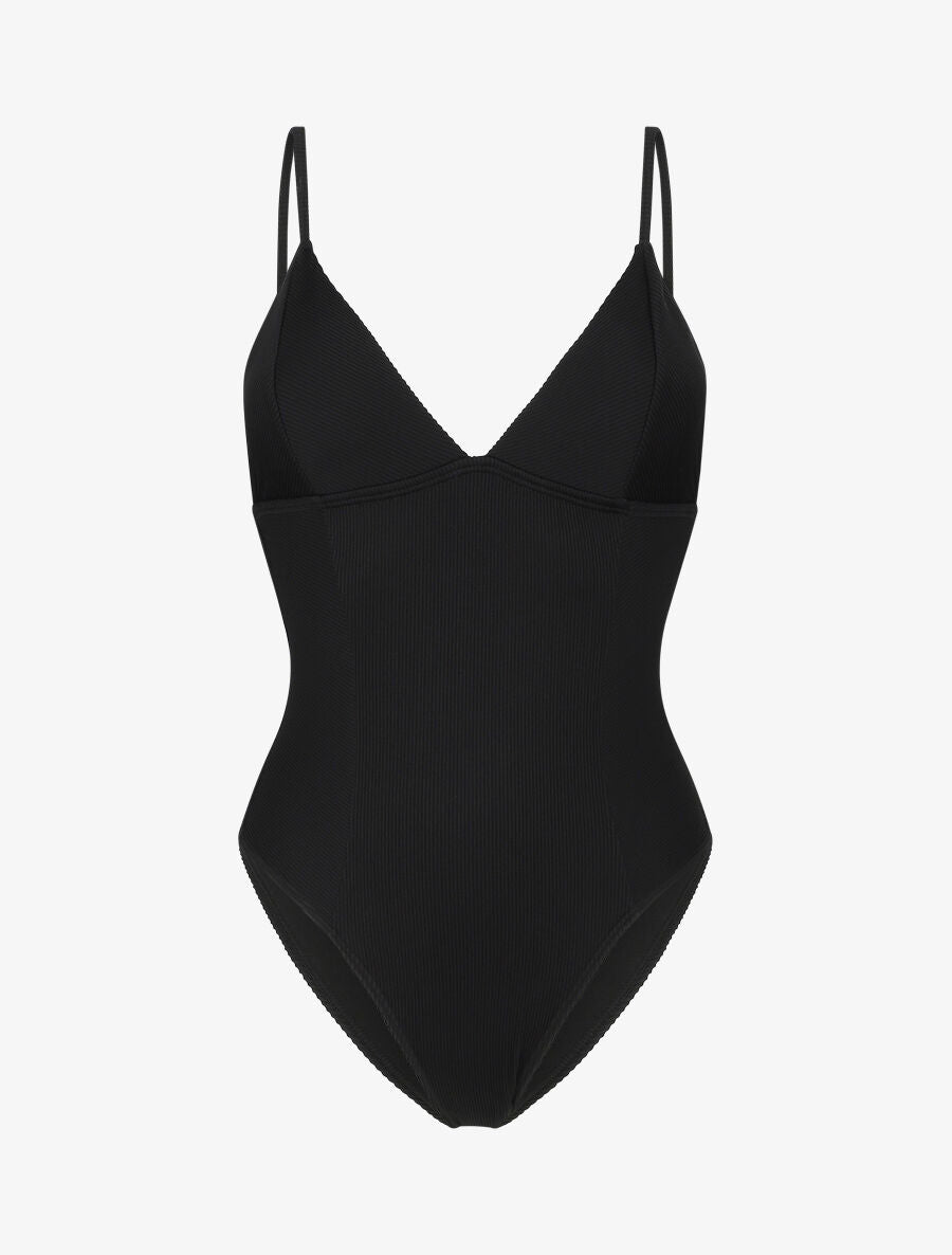 Maillot de bain côtelé à col à V - Noir - 4