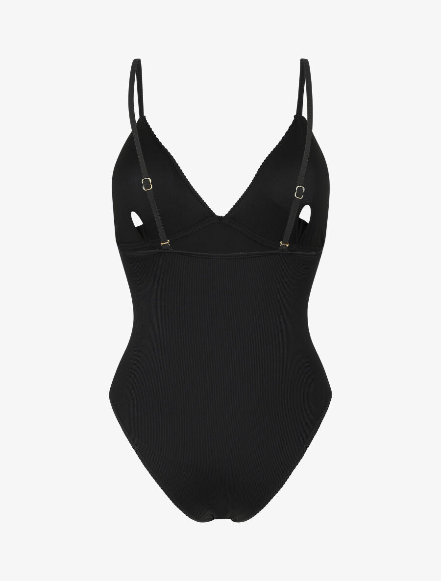 Maillot de bain côtelé à col à V - Noir - 2