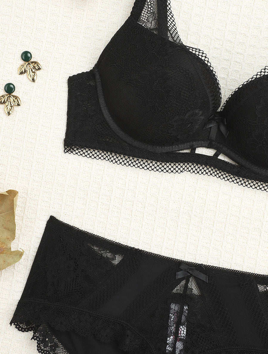 Ensemble en dentelle ajourée et shorty - Noir - 3