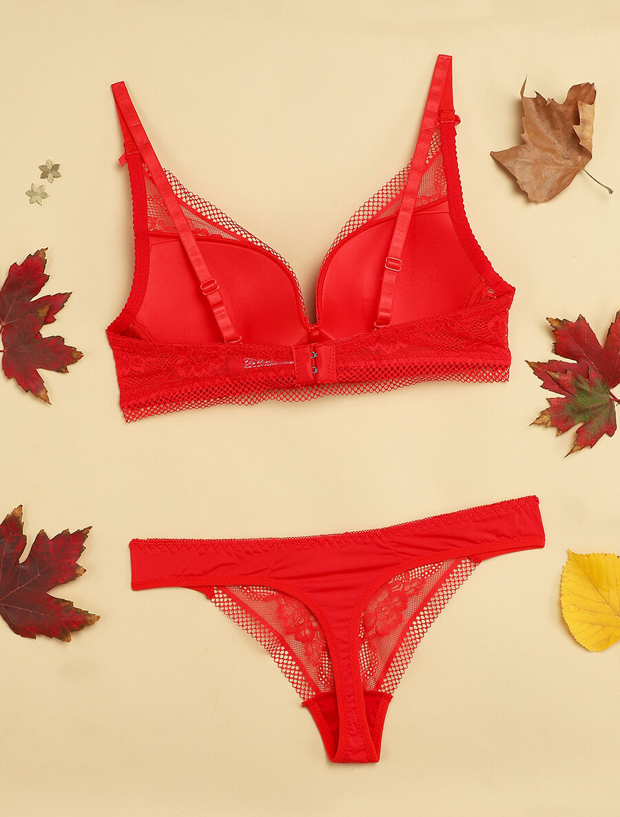 Ensemble en dentelle ajourée et string - Rouge - 2