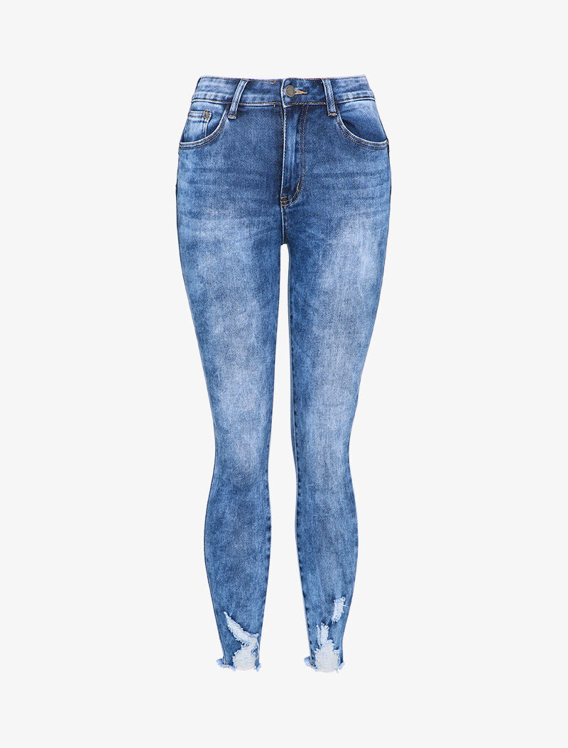Jean skinny délavé à bords effet usés - Bleu - 3