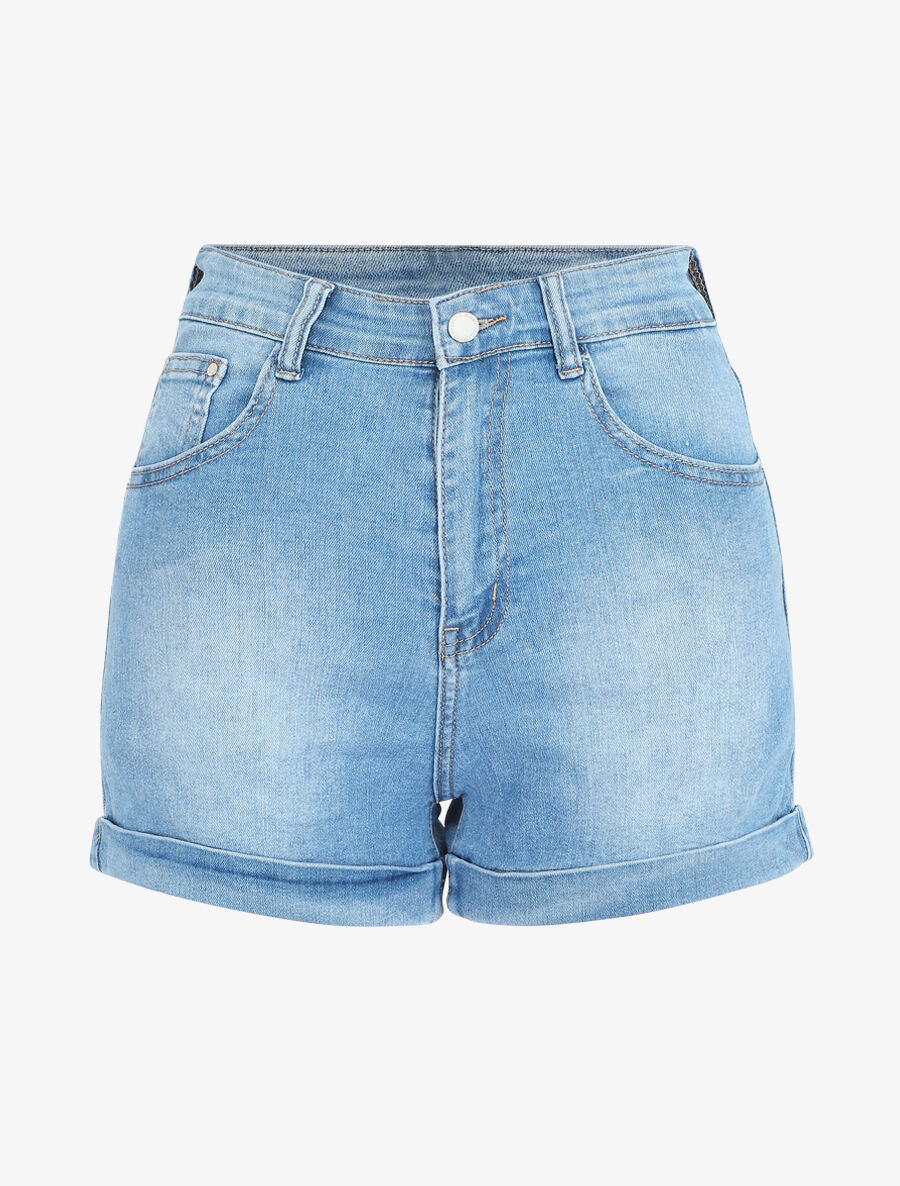 Short en jean à revers coupe droite - Bleu - 1