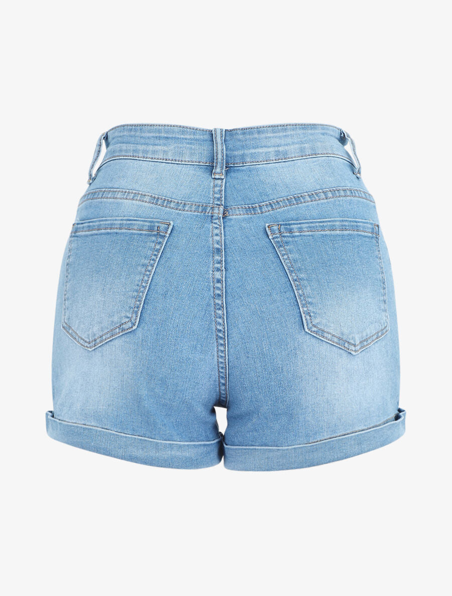 Short en jean à revers coupe droite - Bleu - 2