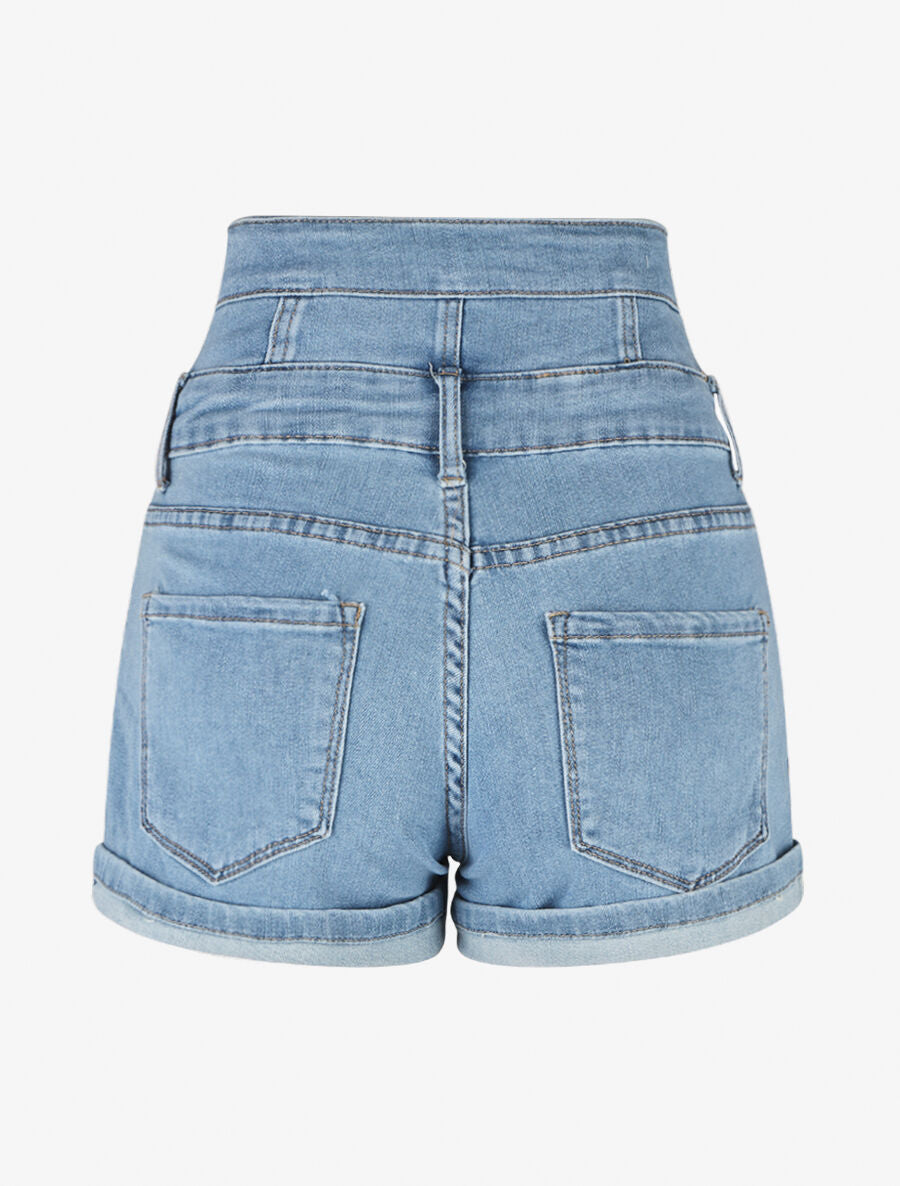 Short en jean à ourlets et taille haute - Bleu - 2