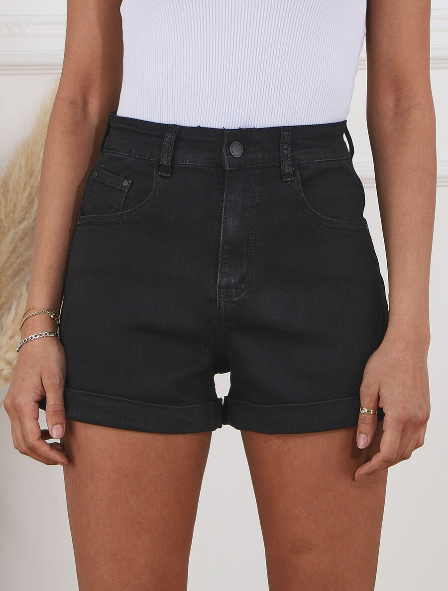 Short en jean à ourlets - Noir - 4