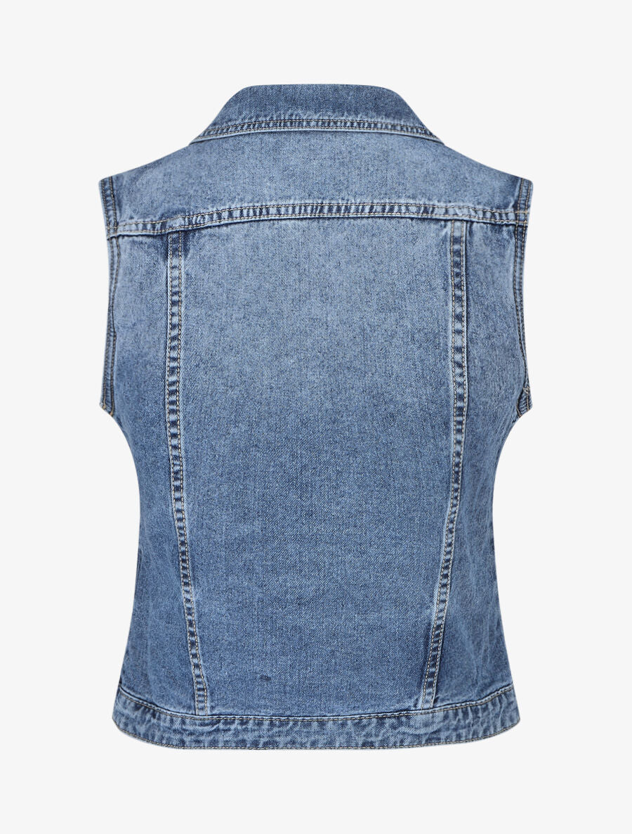 Veste en jean sans manches ajustée - Bleu - 2