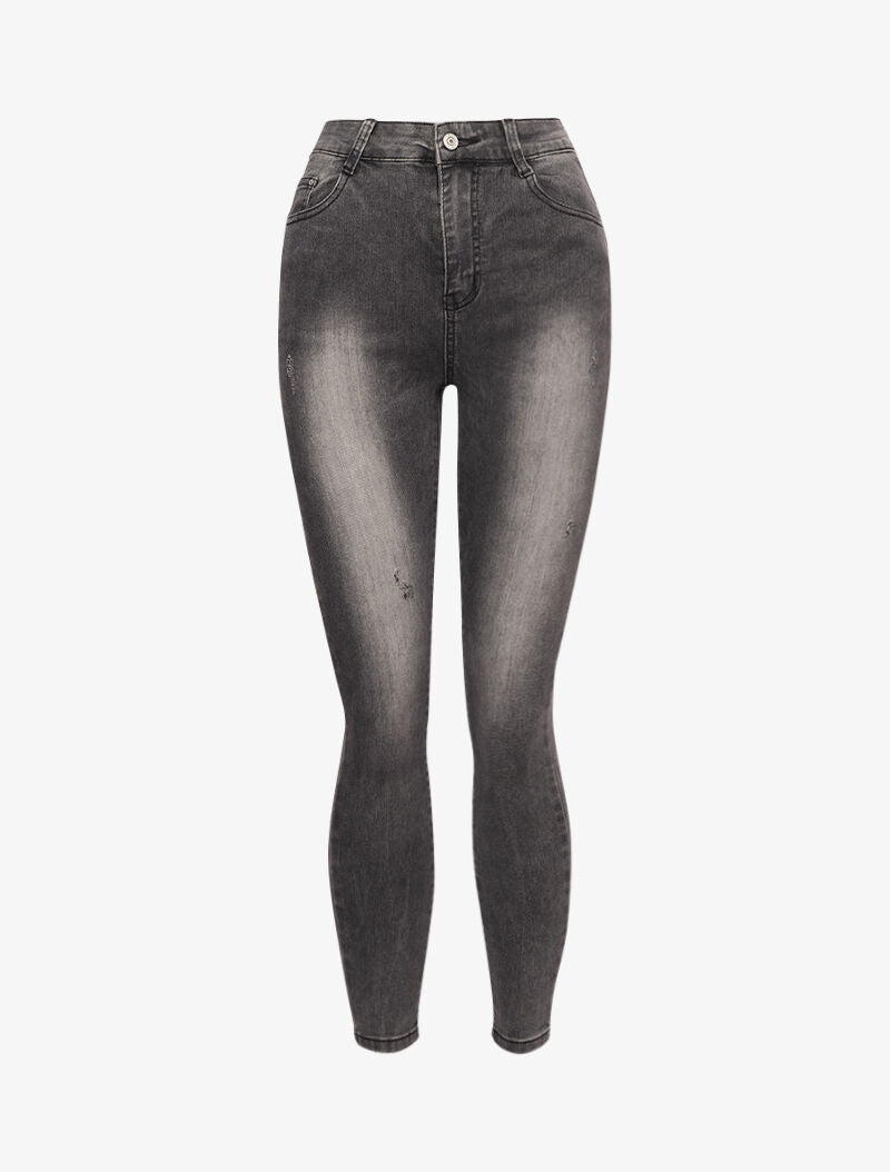 Jean skinny taille haute délavé et griffé - Gris foncé - 4