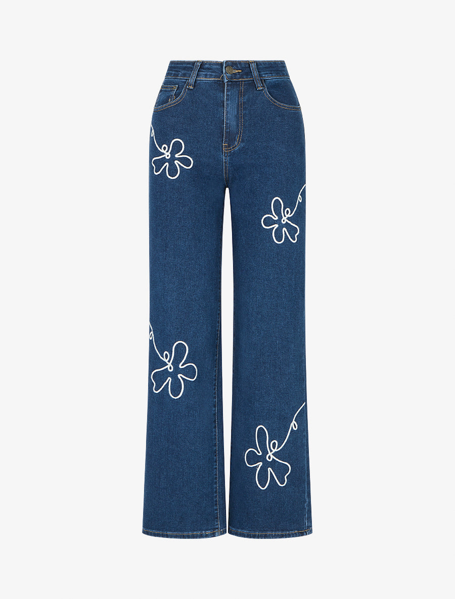 Jean à détail fleurs brodées coupe ample - Bleu - 1