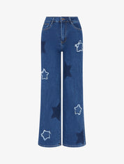 Jean droit taille haute motif étoile - Bleu - 1