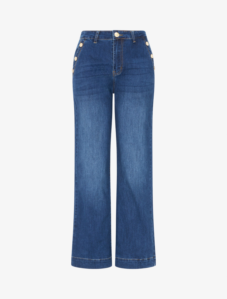 Jean à boutons décoratifs coupe droite - Bleu - 1
