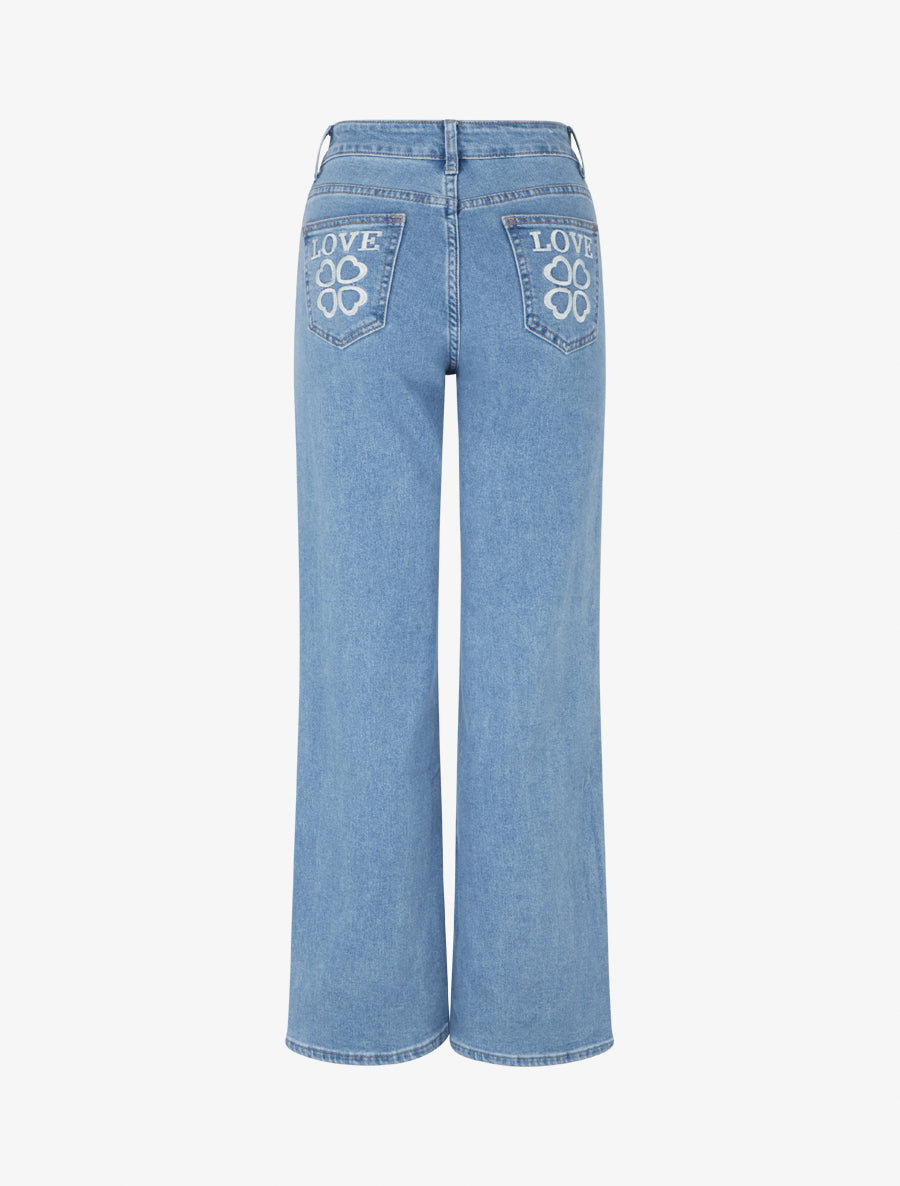 Jean push up à poches floqués coupe droite - Bleu - 2