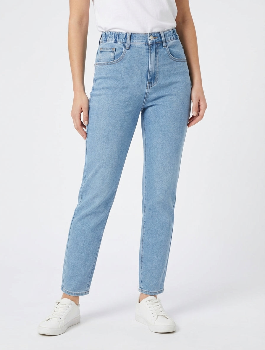Jean elástico corte mom fit - Azul