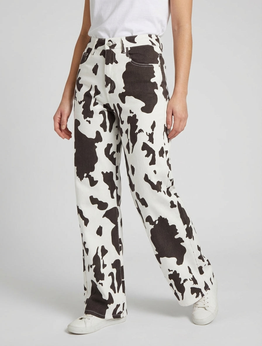 Jean de pierna ancha con estampado de vaca - Marrón