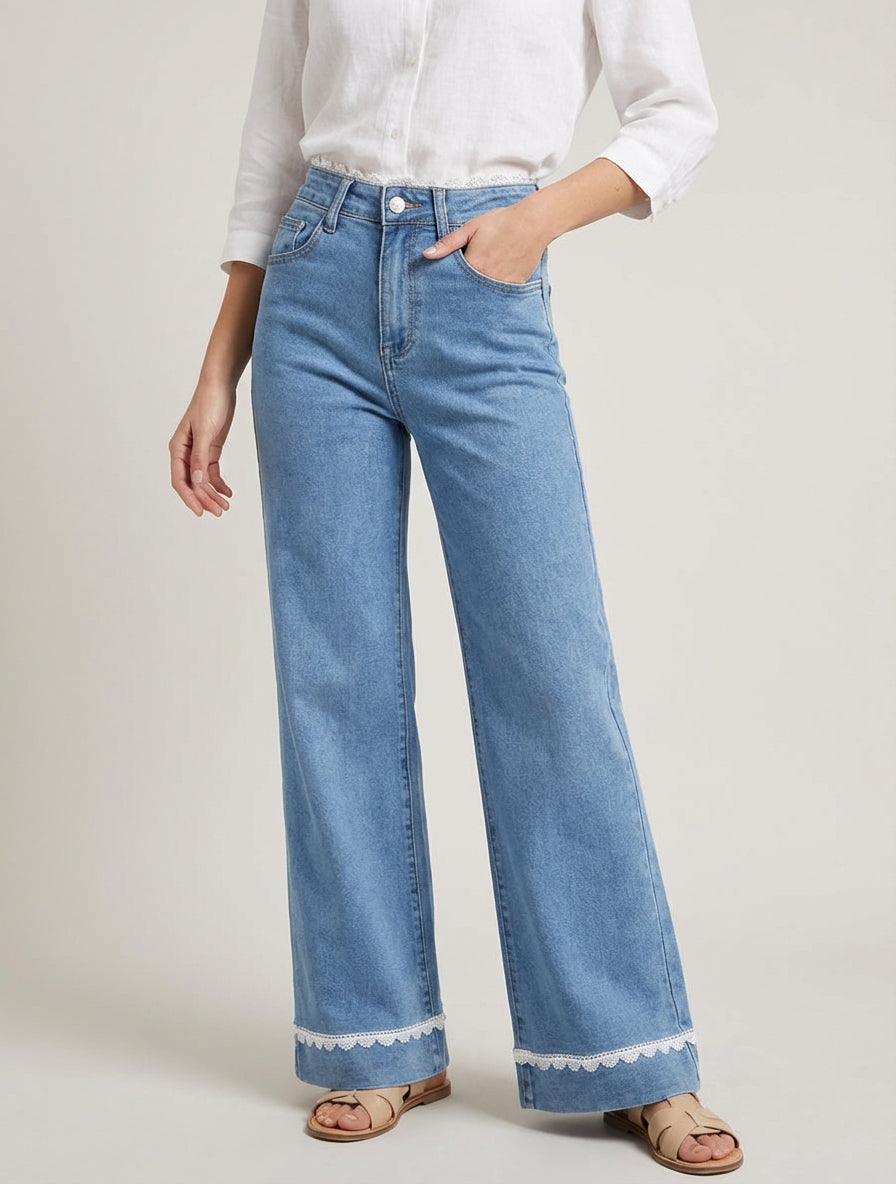 Vaqueros de pierna ancha con bordes y cintura de encaje. - Azul