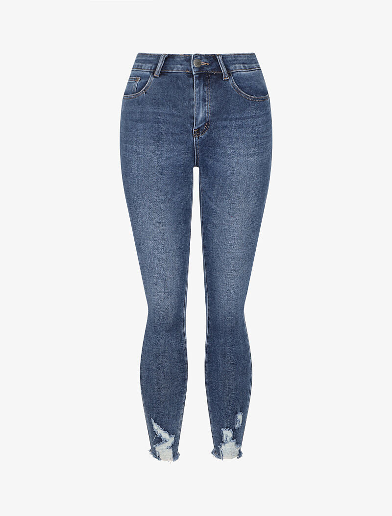 Jean skinny à bords coupe franche effilochés - Bleu - 4