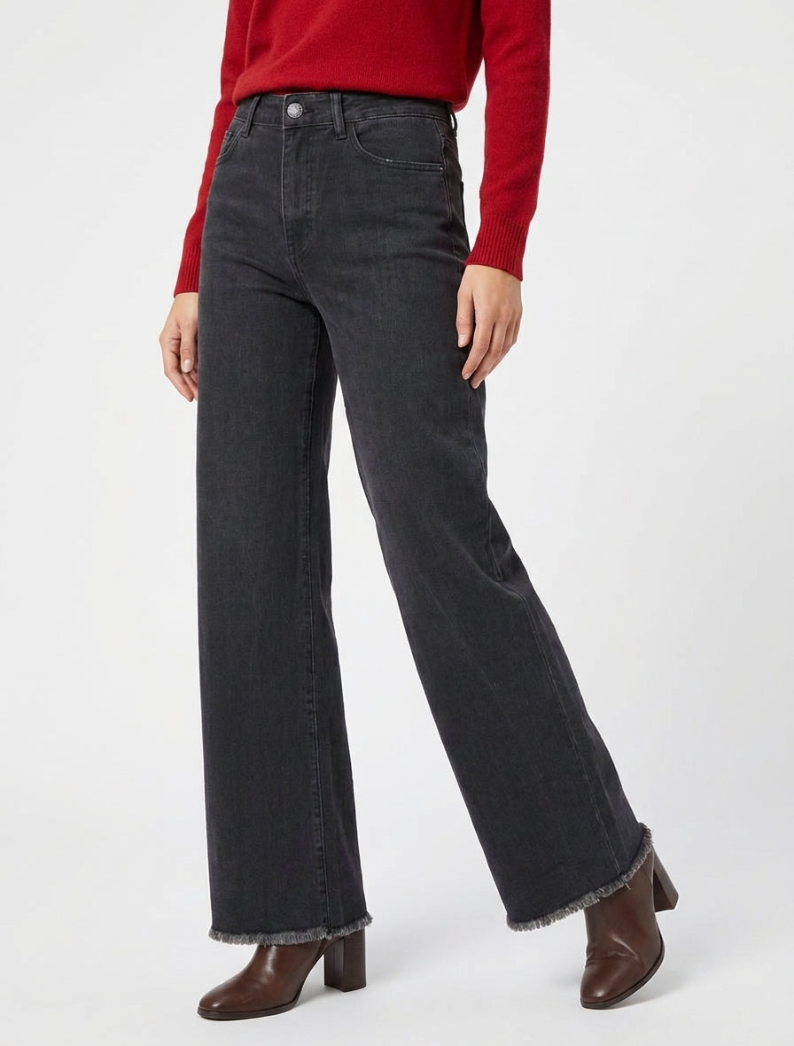 Vaqueros de pierna ancha con bordes deshilachados - Gris antracita