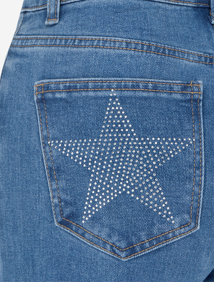 Jean wide leg à poches étoiles strassées - Bleu - 3