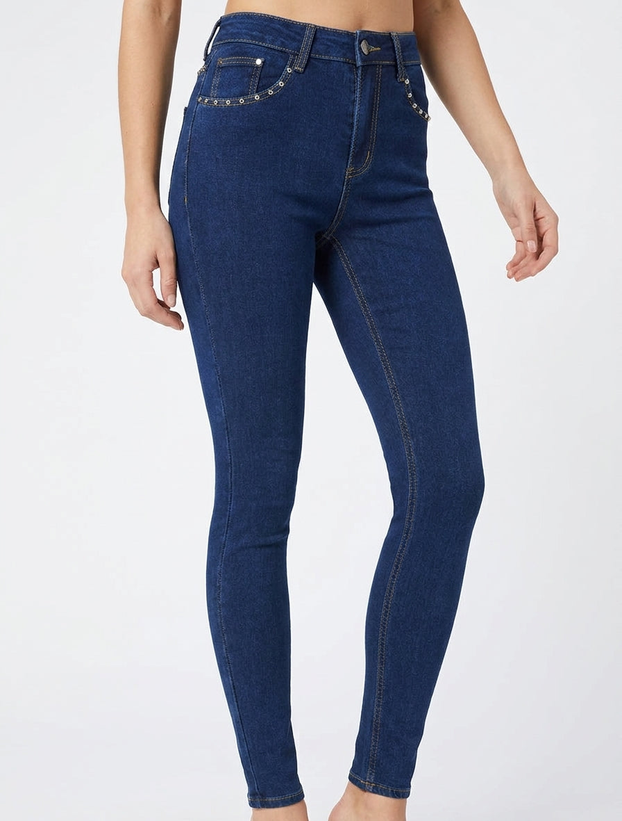 Jeans de talle alta con tachuelas, corte skinny - Azul denim