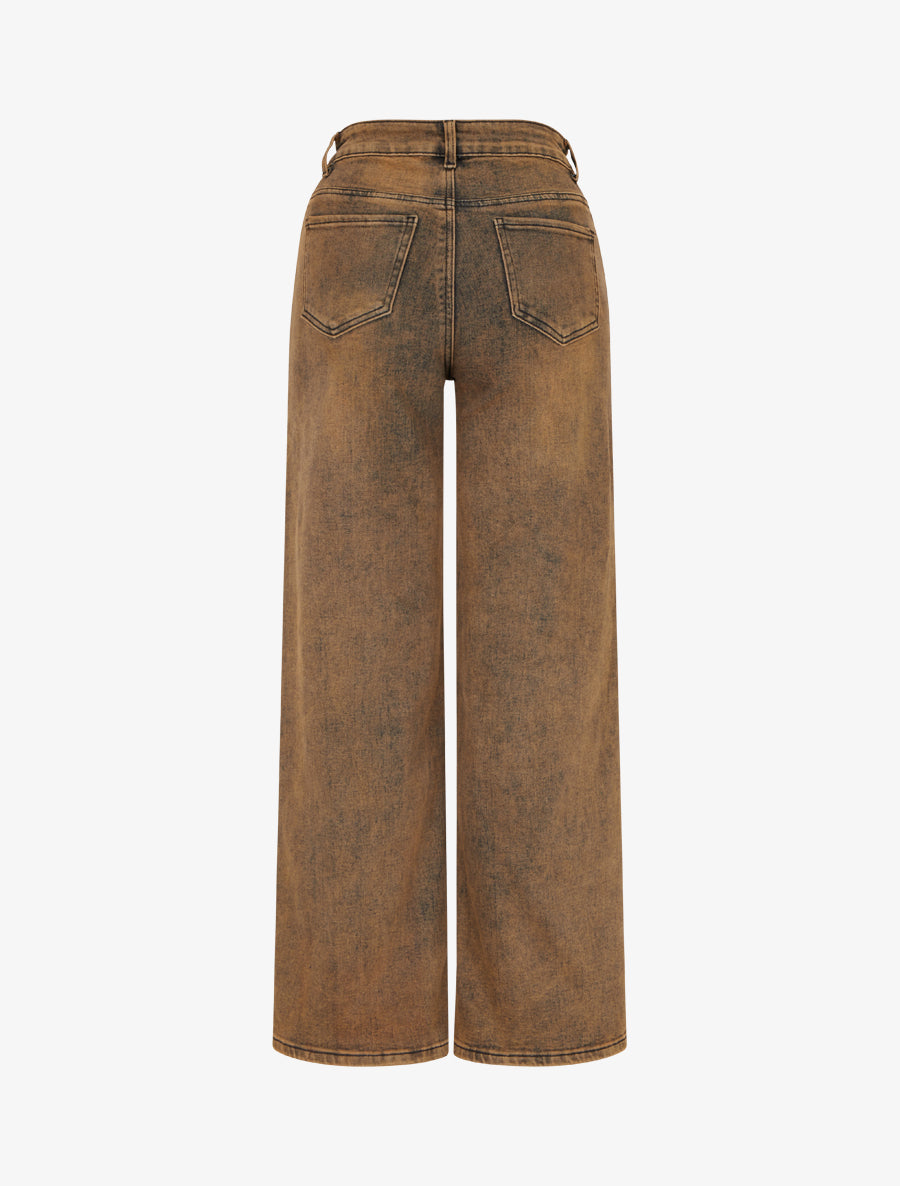 Jean ample taille haute effet délavé - Camel - 2