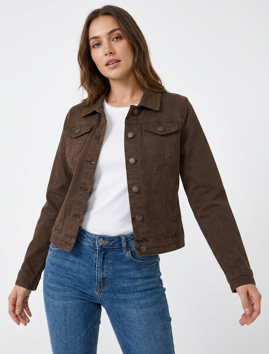 Chaqueta vaquera lisa de corte recto - Marrón