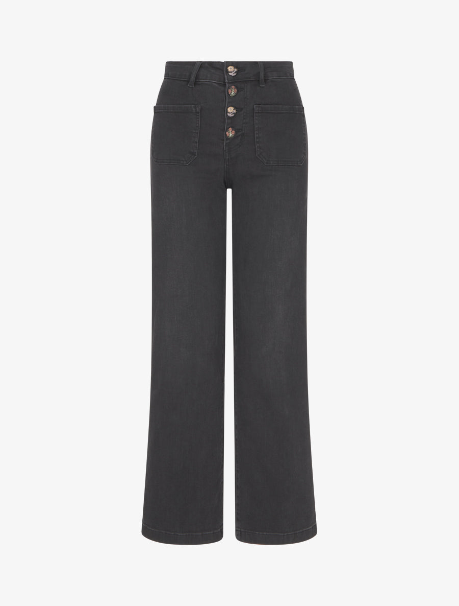 Jean droit avec fermeture boutons broderie florale - Noir - 1