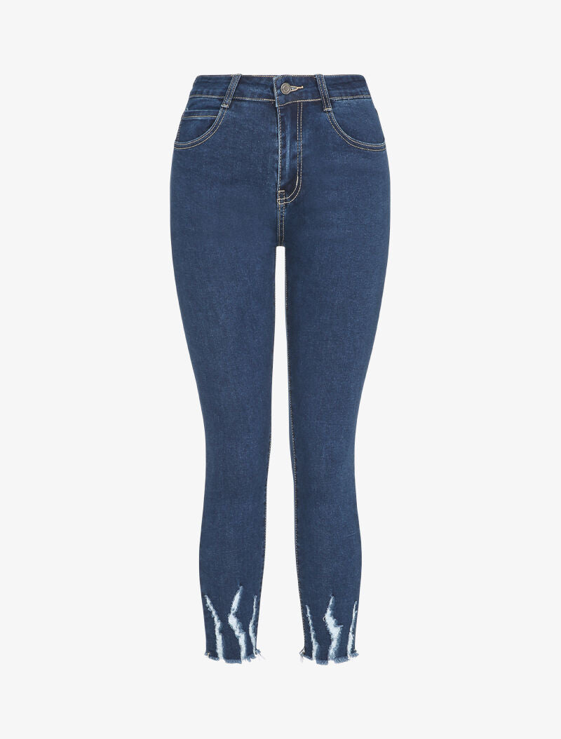 Jean 7/8 à bords coupe franche griffés - Bleu denim - 1