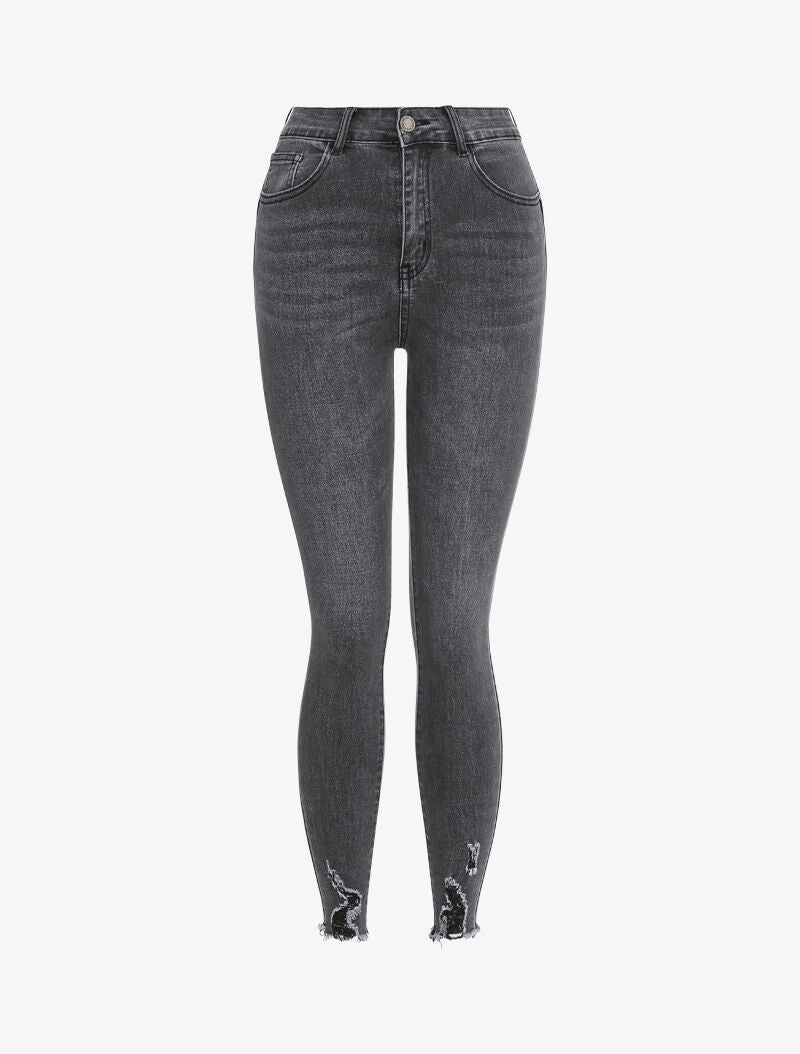 Jean skinny délavé à bords coupe franche déchirés - Gris - 3