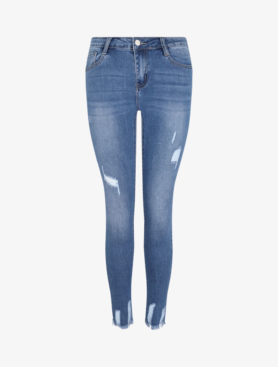 Jean 7/8 déchiré à bords coupe franche - Bleu - 1