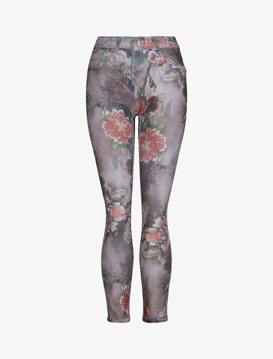 Jean réversible slim taille haute effet froissé imprimé fleuri - Bleu clair - 4