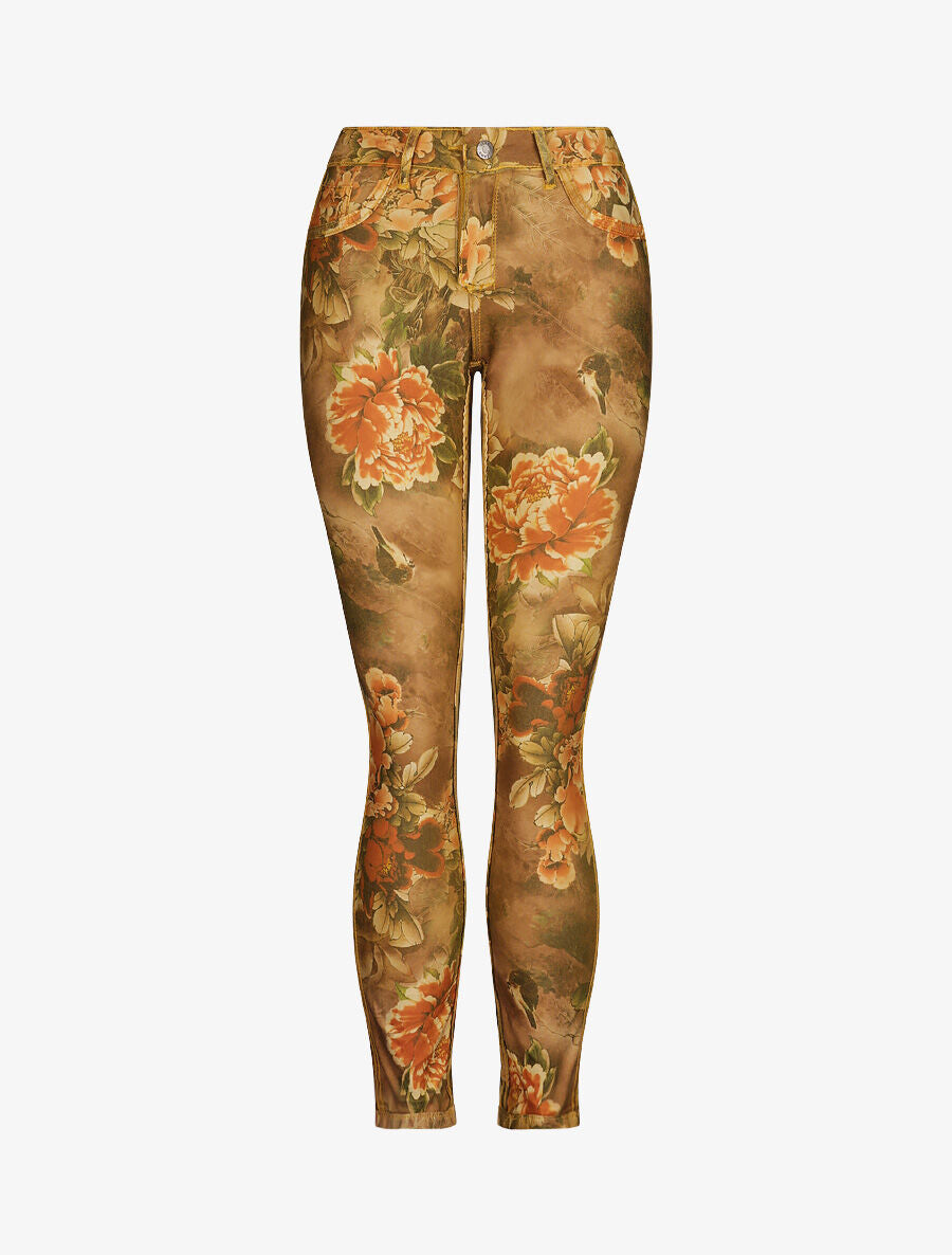 Jean réversible slim taille haute effet froissé imprimé fleuri - Moutarde - 3