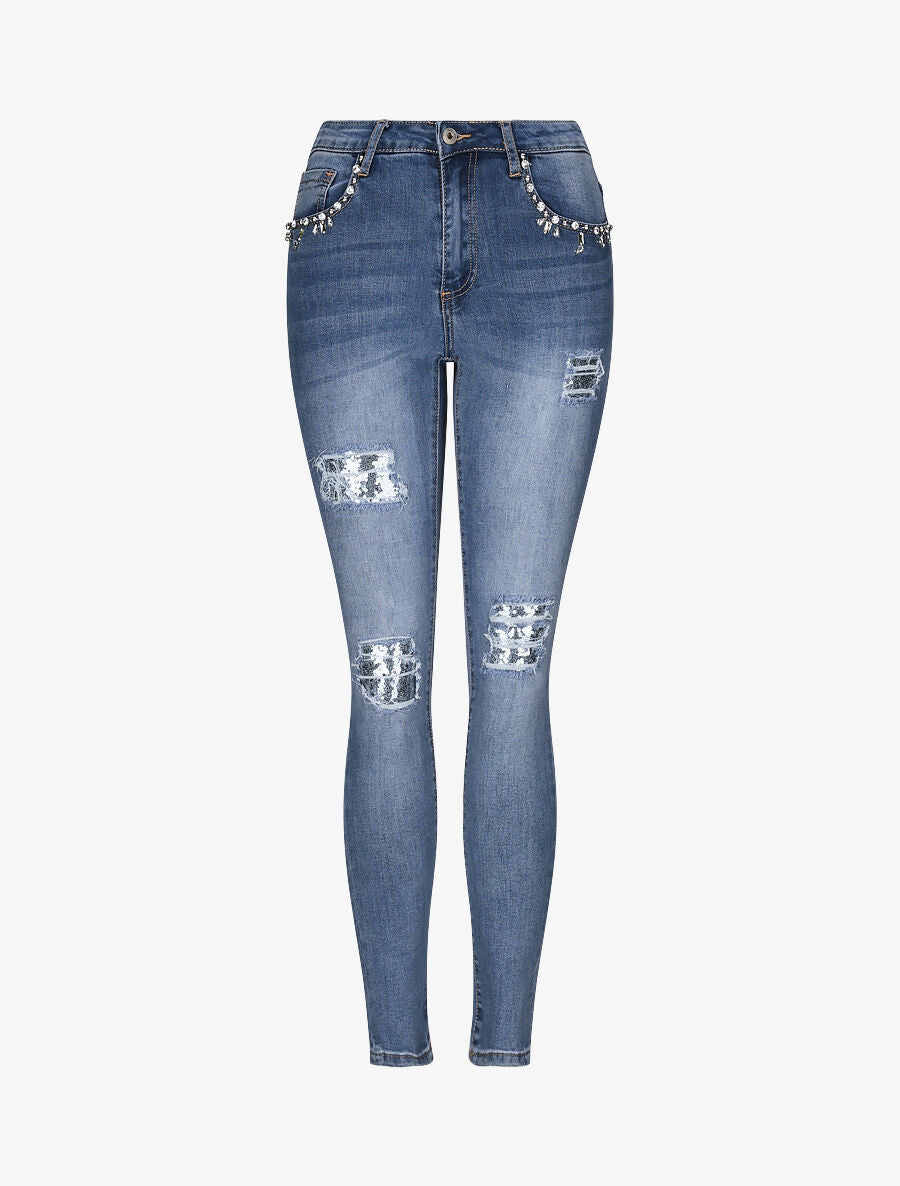 Jean slim déchiré à poches strassées - Bleu denim - 4