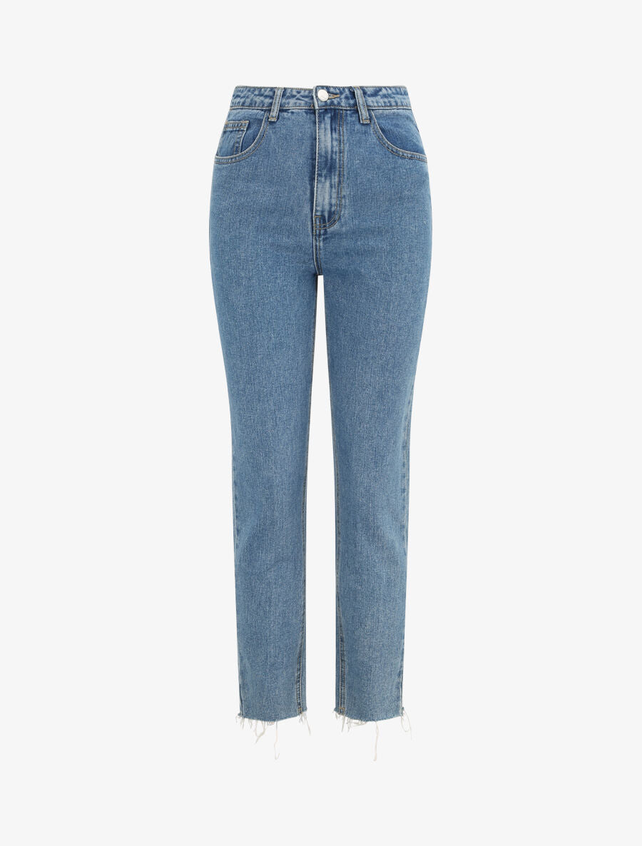 Jean mom à bords effilochés - Bleu denim - 1