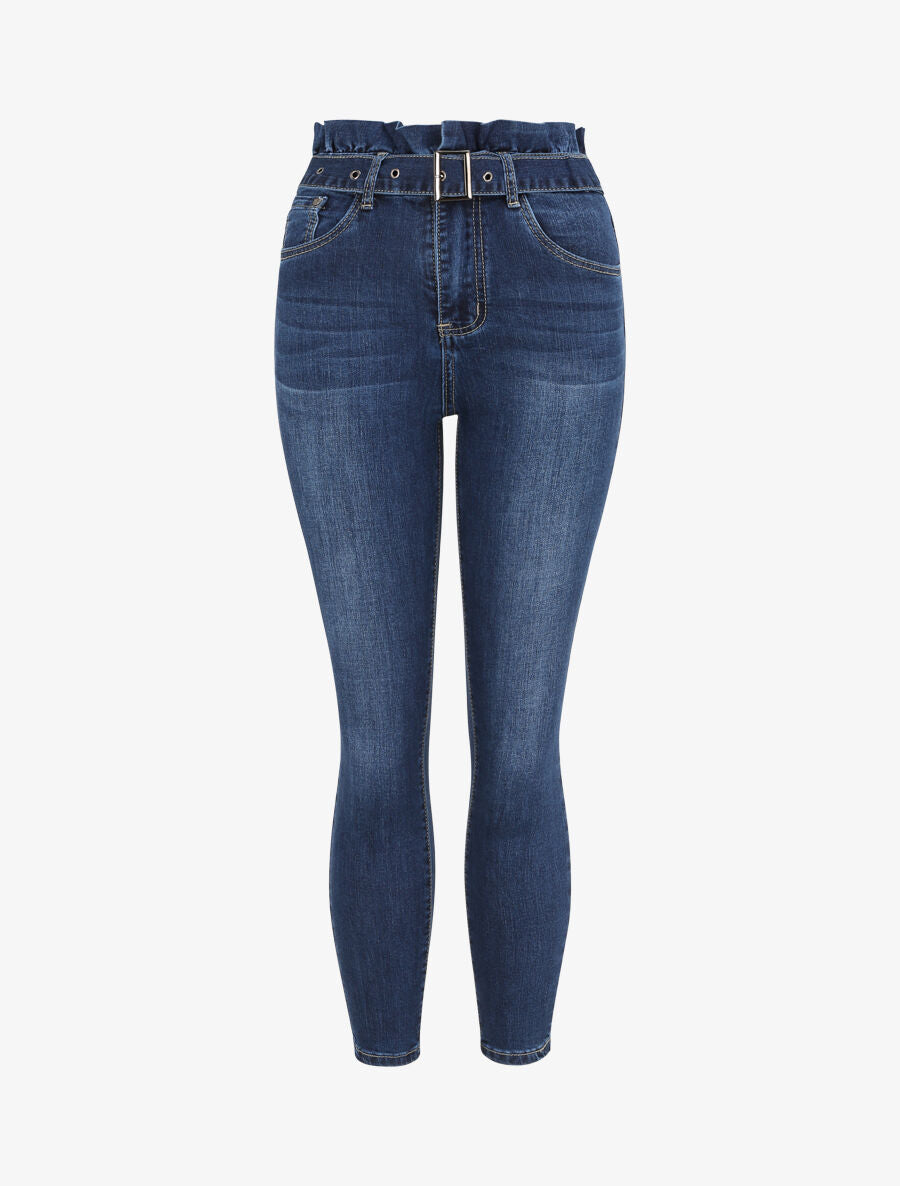 Jean slim 7/8 à taille haute volantée - Bleu foncé - 4