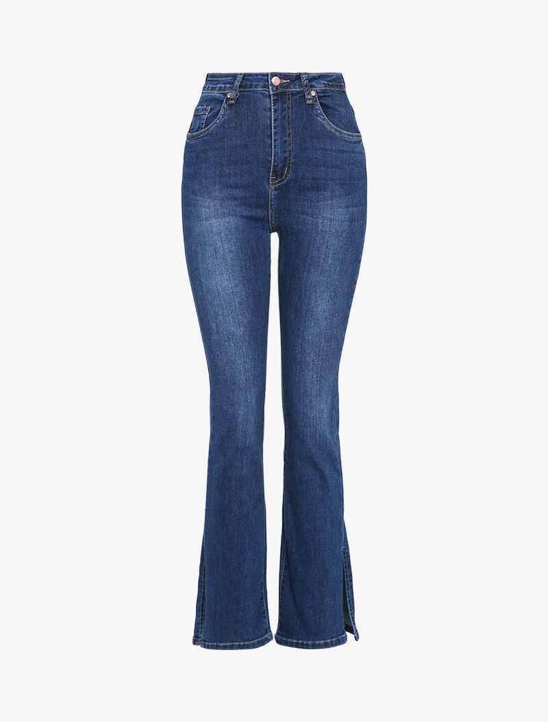 Jean flare légèrement délavé à bords fendus - Bleu denim - 1