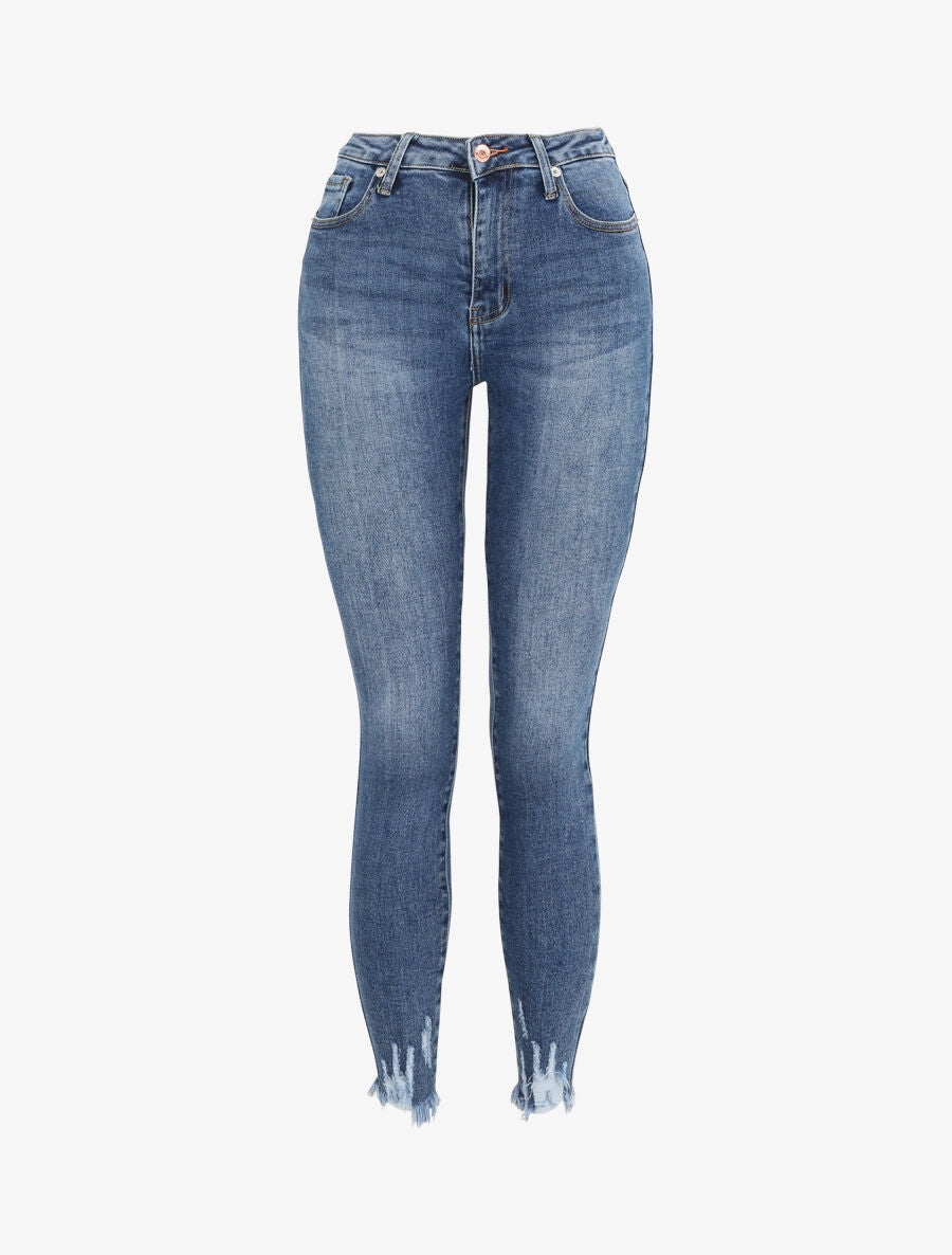 Jean skinny taille haute à bords coupe franche griffés - Bleu - 1