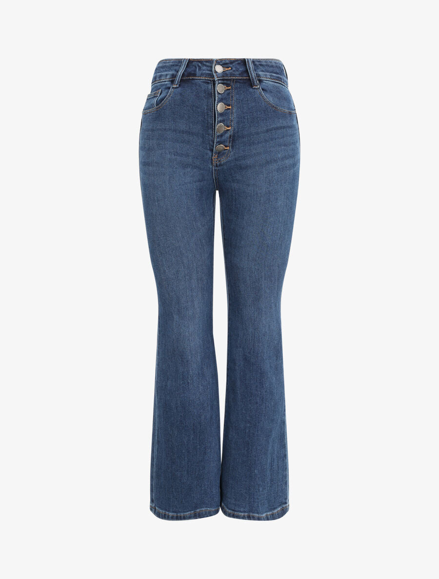 Jean flare à taille haute boutonnée - Bleu - 1