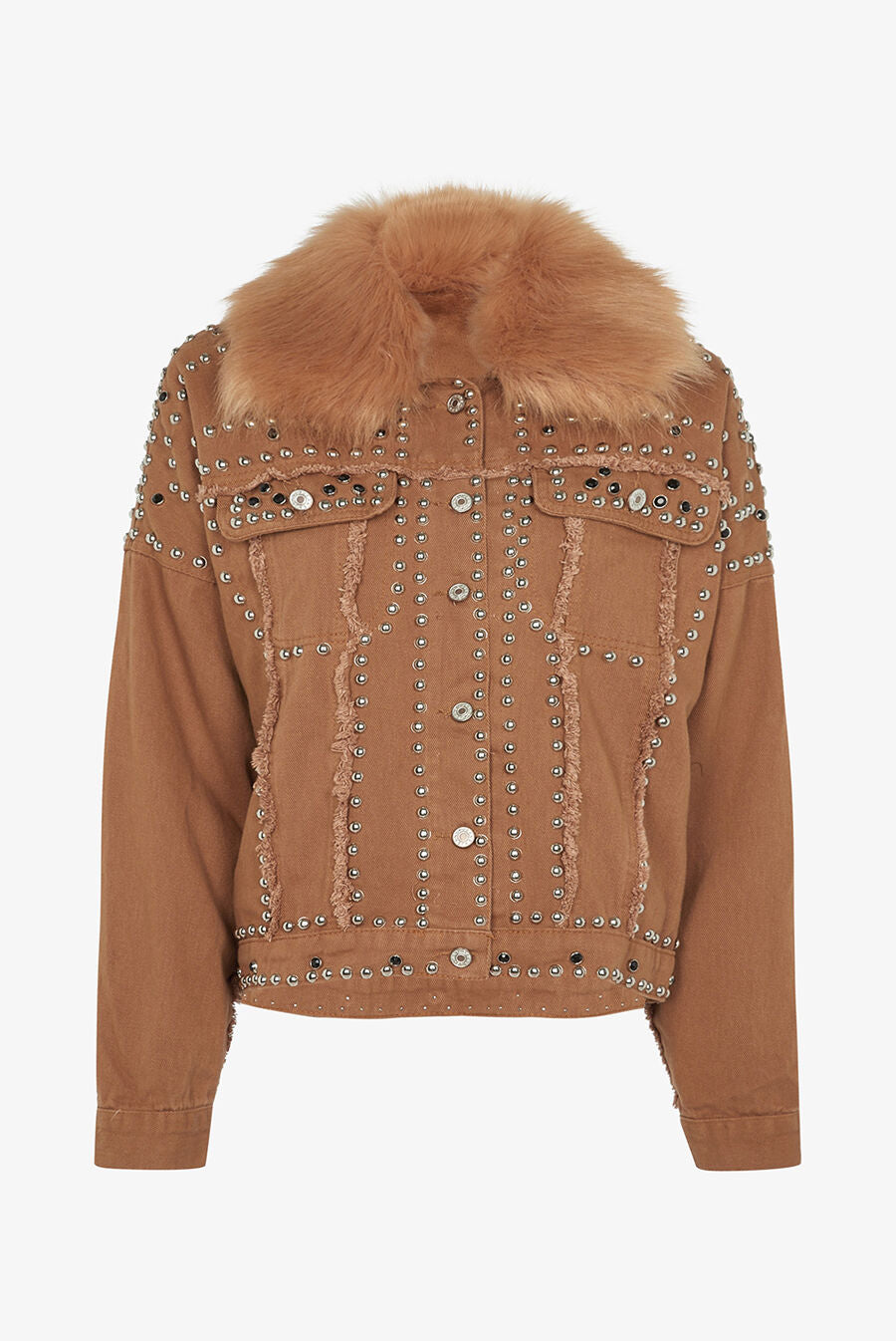 Veste en jean cloutée doublure amovible - Camel - 5